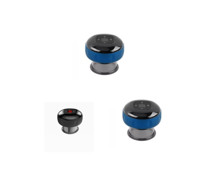 Three electric vacuum cupping massage cups in black and blue with digital controls and USB charging ports.