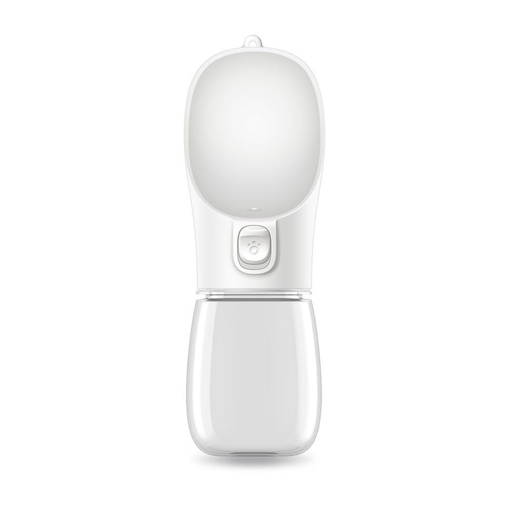 White portable dog water bottle with foldable bowl and push-button dispenser.