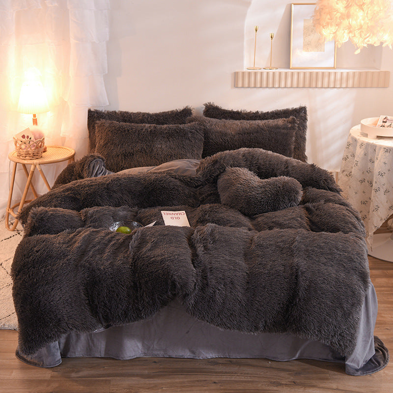 Dark brown plush thick fleece duvet cover set with fluffy pillows on a bed.