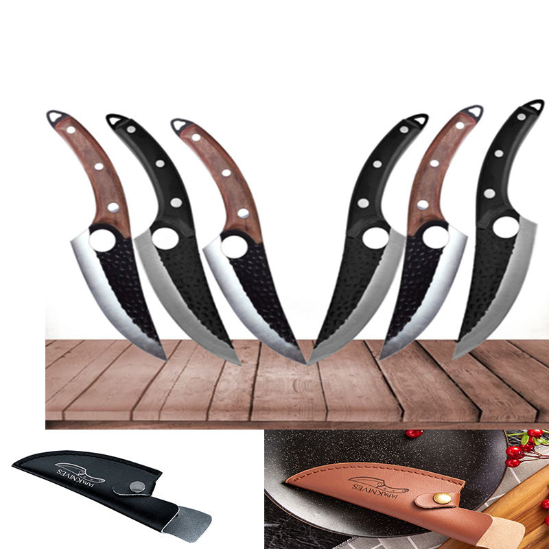 Set of curved scimitar meat boning knives with black or brown wooden handles and matching sheaths on wooden surface.