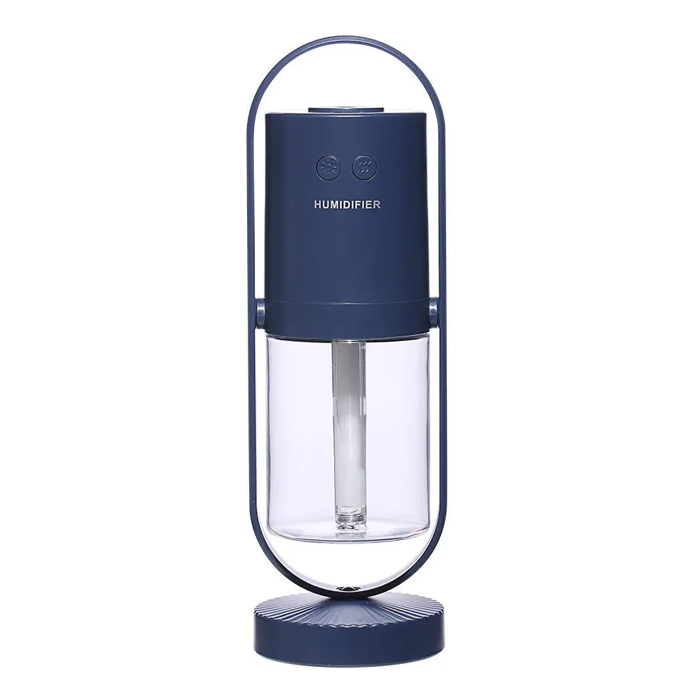 Dark blue Magic Shadow USB air humidifier with cylindrical design and oval frame stand.