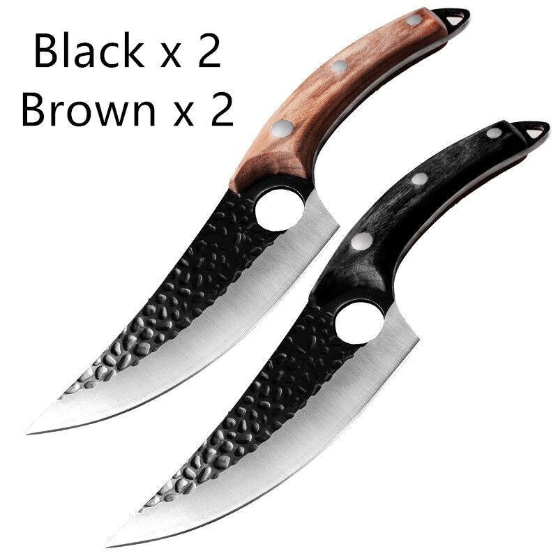 Two small butcher knives with hammered black blades, one with a brown wooden handle and one with a black wooden handle.