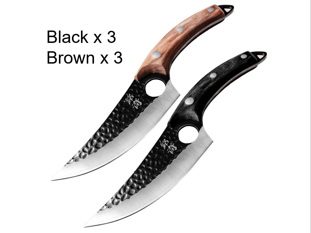 Two curved butcher knives with hammered blades, one black handle and one wood-toned handle, each with finger holes near the.