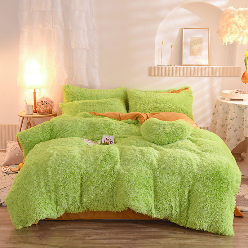 Bright lime green thick fleece duvet cover set with matching pillows on wooden bed frame.