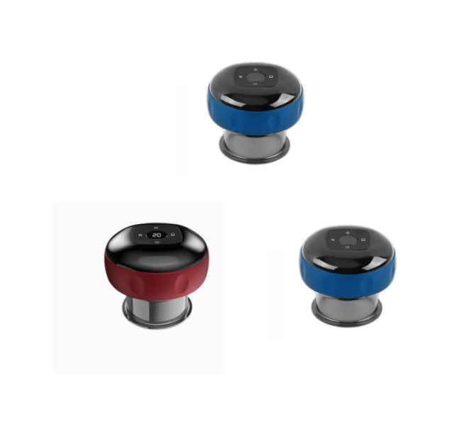 Three electric vacuum cupping massage body cups in black with red and blue accents, digital control panel on top.