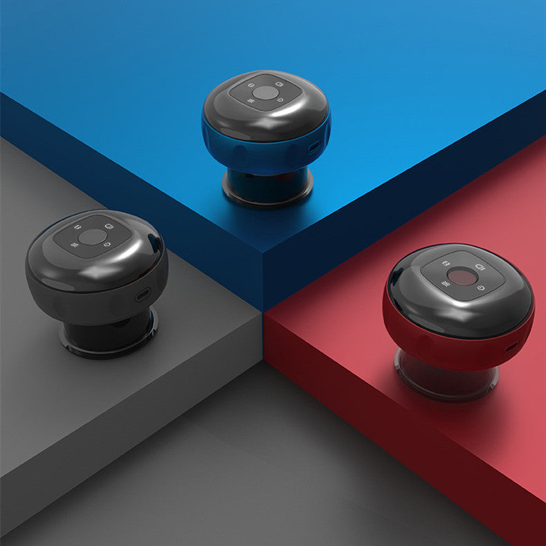 Three electric vacuum cupping massage cups in blue, black, and red with digital controls on top, placed on color-matched.