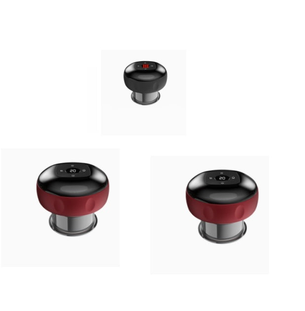 Two electric vacuum cupping massage body cups with black tops and dark red sides, one slightly larger than the other, both.