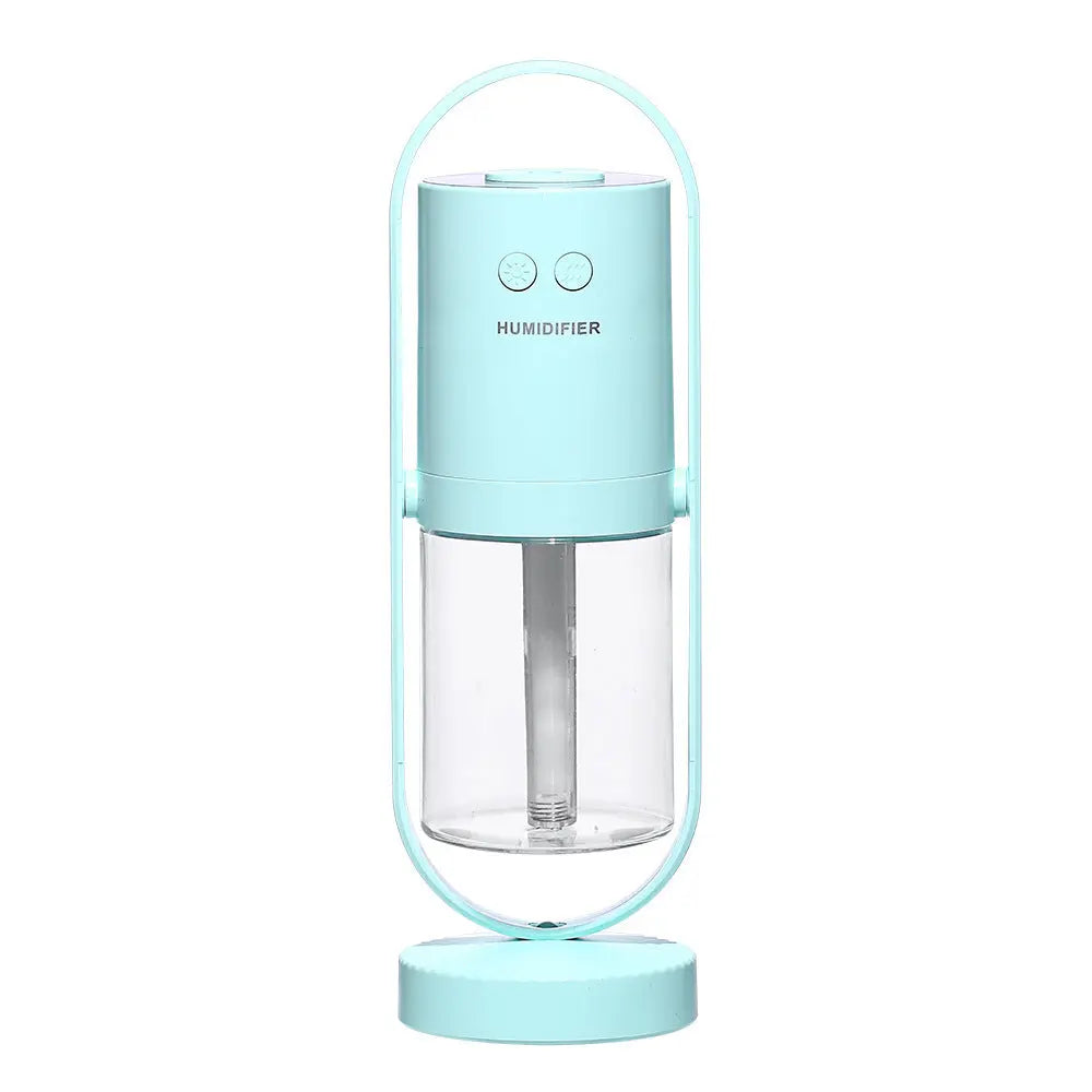Blue USB ultrasonic air humidifier with cylindrical design and handle stand.