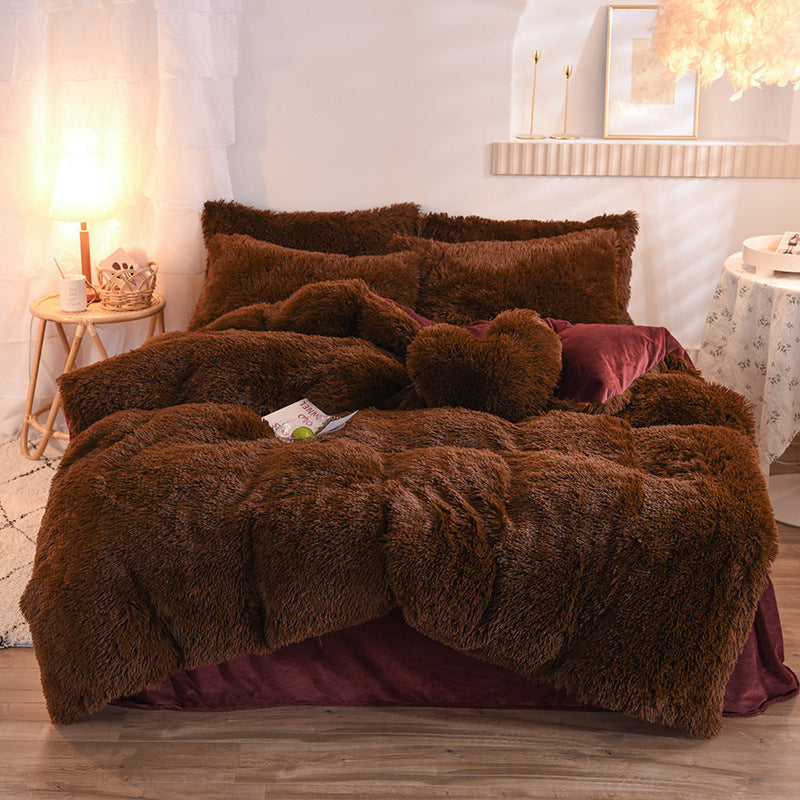 Thick plush dark brown fleece duvet cover set with matching pillowcases on bed.
