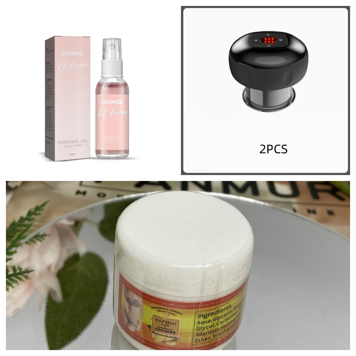 Black electric vacuum cupping massage body cup with digital display and transparent silicone edge, shown with skincare spray .