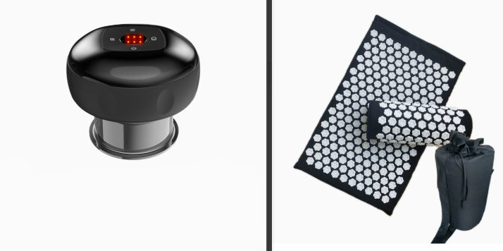 Black electric vacuum cupping massage body cup with digital display and charging accessories on black mesh mat.