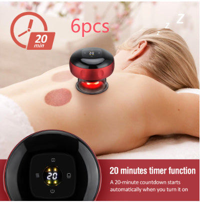 Red and black electric vacuum cupping massager on back with digital timer display.