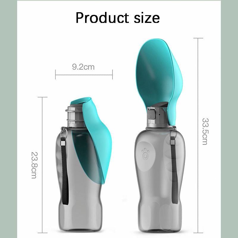 Gray portable pet water bottle with foldable blue drinking bowl and black carrying strap.