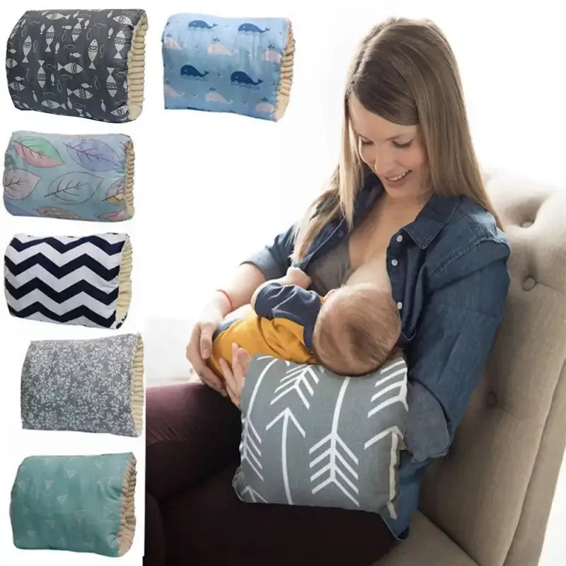 Gray nursing pillow with white arrow patterns, cotton fabric, curved U-shape designed for breastfeeding support.