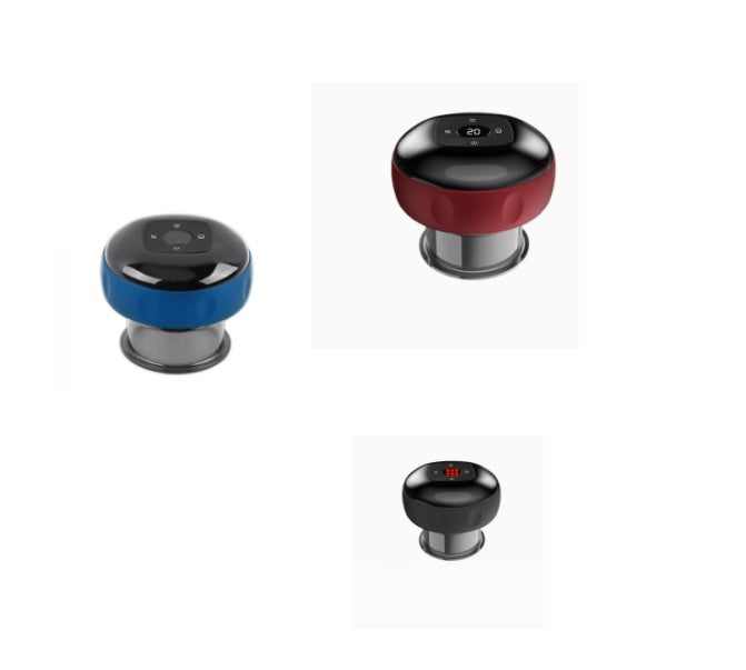 Electric vacuum cupping massage body cups in blue, red, and black with digital controls and USB charging ports.
