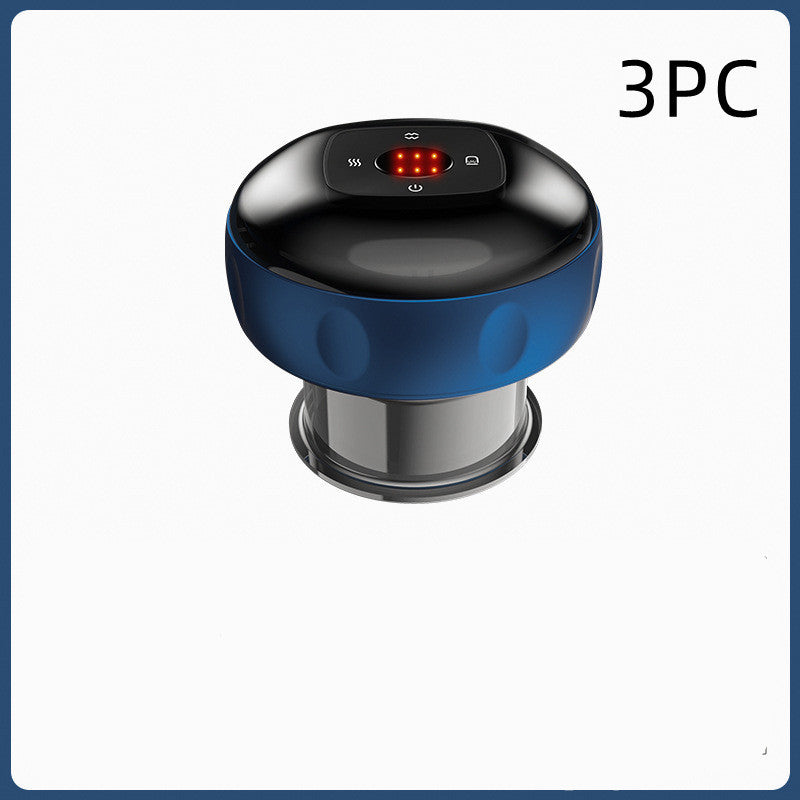 Black and blue electric vacuum cupping massager with digital display and 3-piece set label.