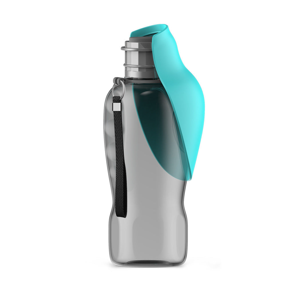 Gray portable dog water bottle with turquoise foldable silicone drinking bowl and black carry strap.