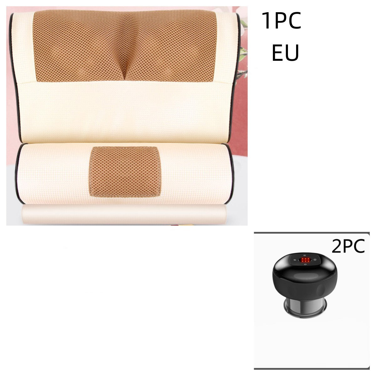 Beige electric massage cushion with mesh panels and separate black handheld vacuum cupping device with digital display.
