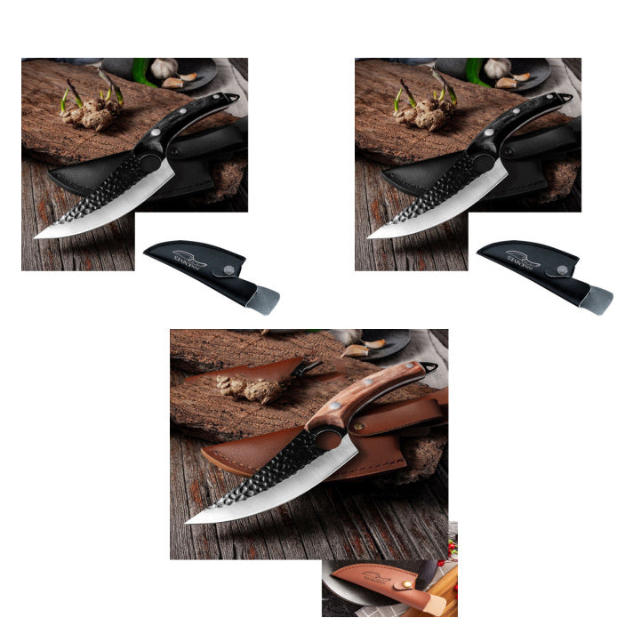 Butcher knife with curved speckled blade and black handle beside black leather sheath on wooden surface with garlic and.