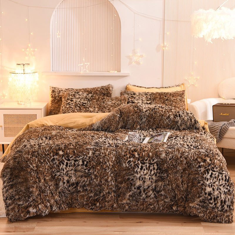 Luxury thick fleece duvet cover with plush shaggy leopard print in warm brown tones, styled on a bed with matching.