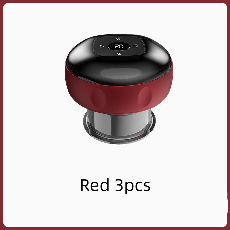 Red and black electric vacuum cupping massage body cup with digital display and USB charging port.