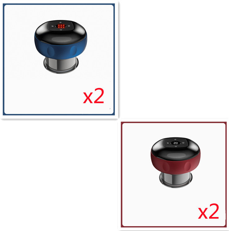 Two electric vacuum cupping massage body cups in blue and black with digital displays.