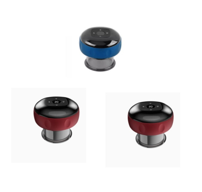 Electric vacuum cupping massager in blue and red with black base and digital controls.