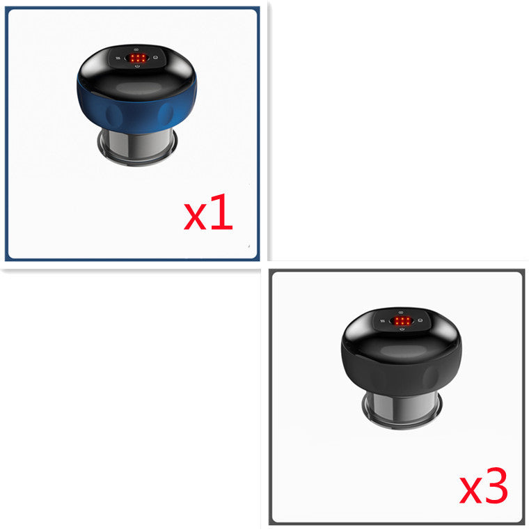 Electric vacuum cupping massage body cups in black and blue with digital display and USB charging base, set of one and three .