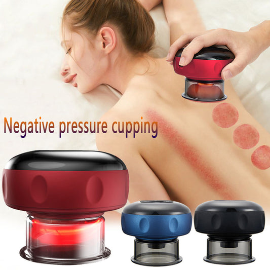 Red electric vacuum cupping massager held on woman’s back with four suction marks visible.