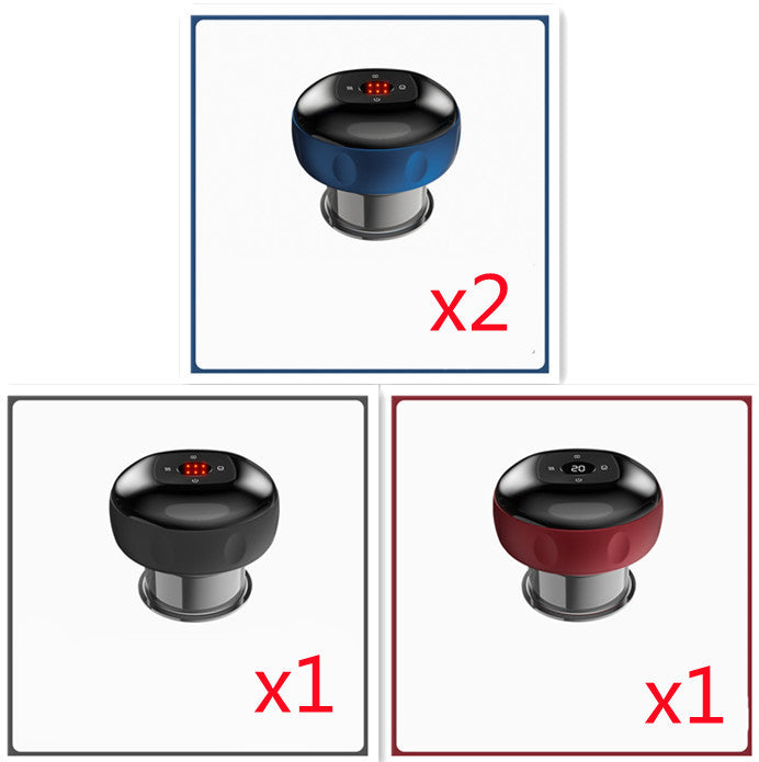 Set of four electric vacuum cupping massage body cups in blue, black, and red with LED display and USB charging.