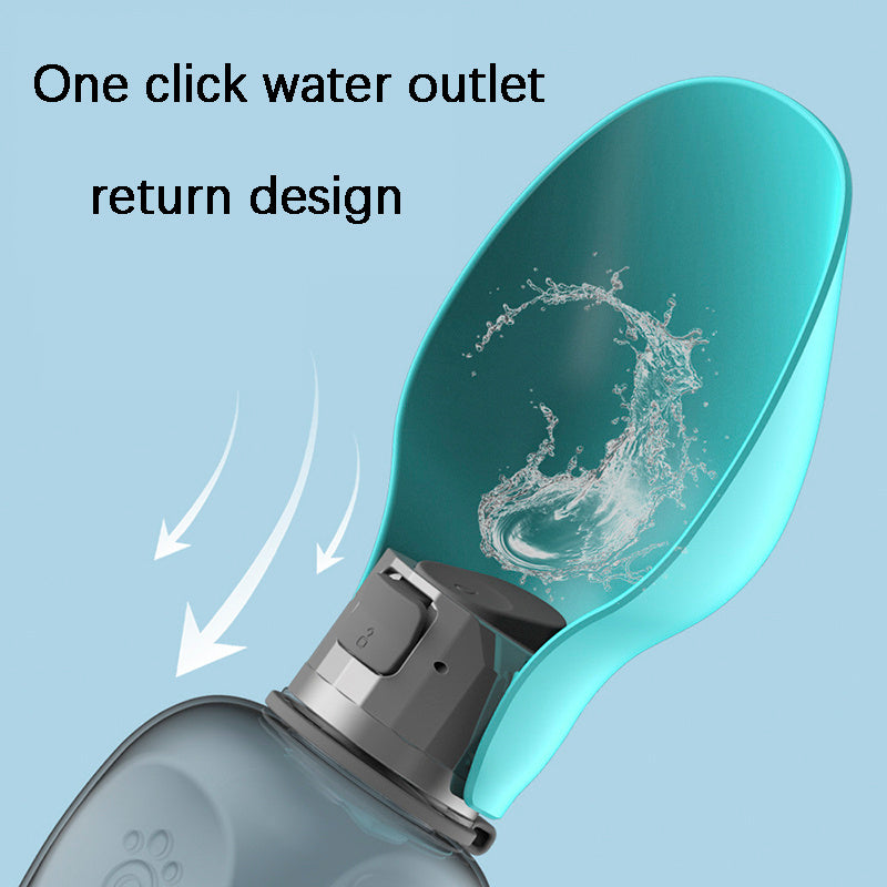 Blue portable dog water bottle with foldable bowl and one-click water outlet.