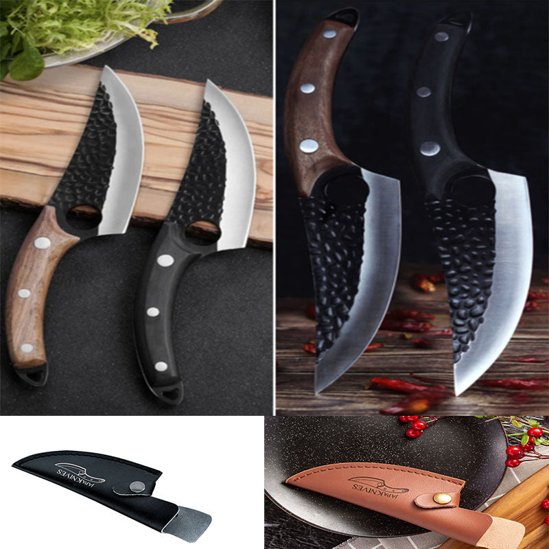 Two small scimitar-style butcher knives with textured black blades, one with a dark wood handle and the other with a black.
