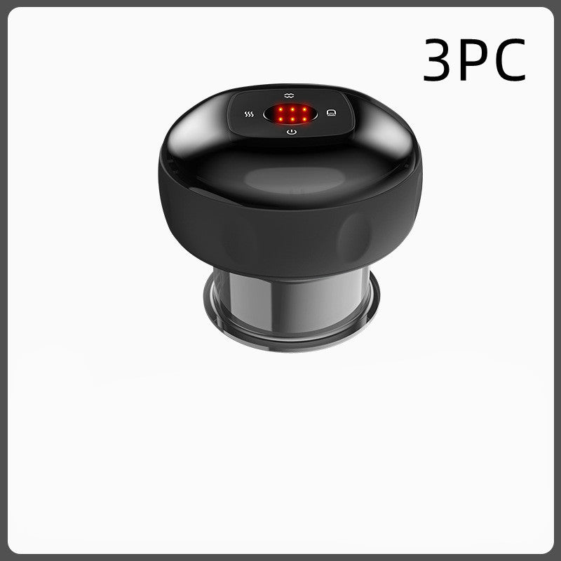 Black electric vacuum cupping massage device with digital control panel, set of three pieces indicated.