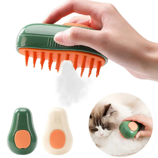 Avocado-shaped green and orange pet brush with flexible bristles and cream white variant with orange button, shown grooming.