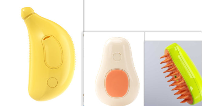 Yellow avocado-shaped electric pet grooming brush with USB charging port and curved handle.