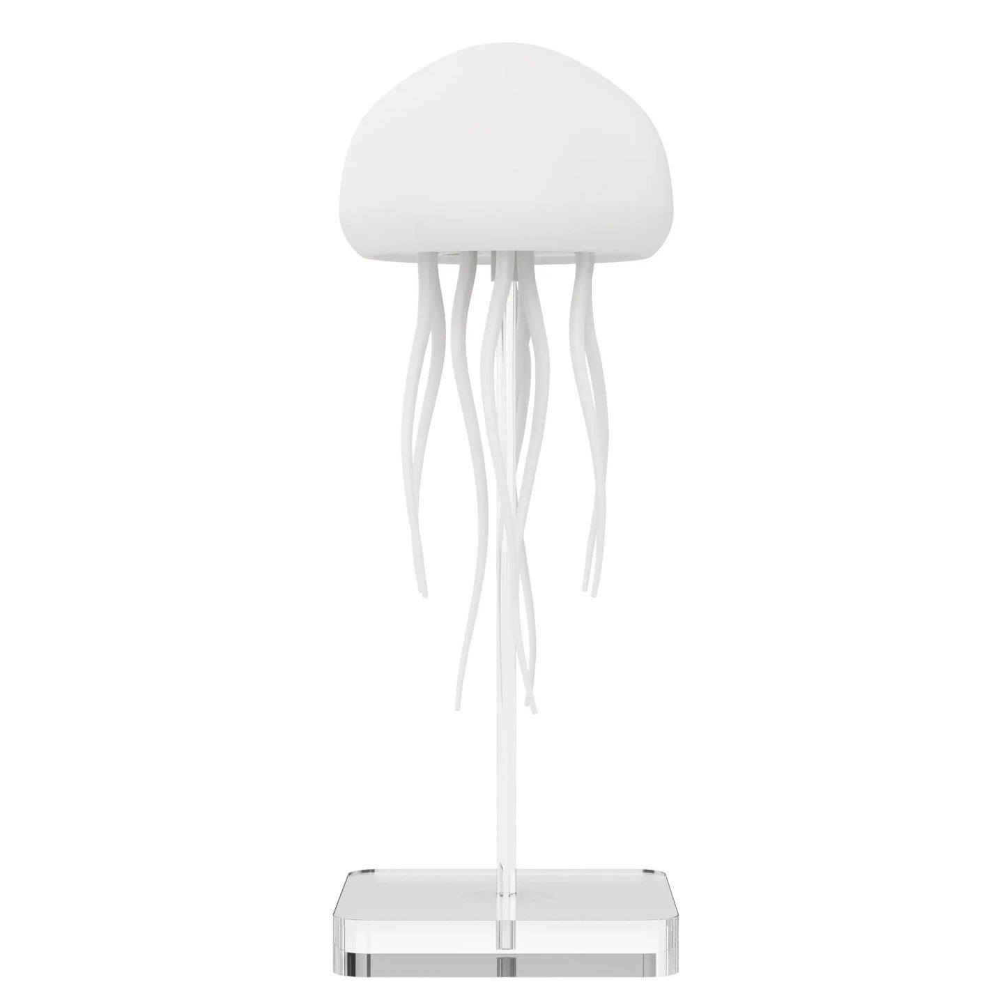 White jellyfish-shaped LED lamp with translucent tentacles on clear acrylic stand.