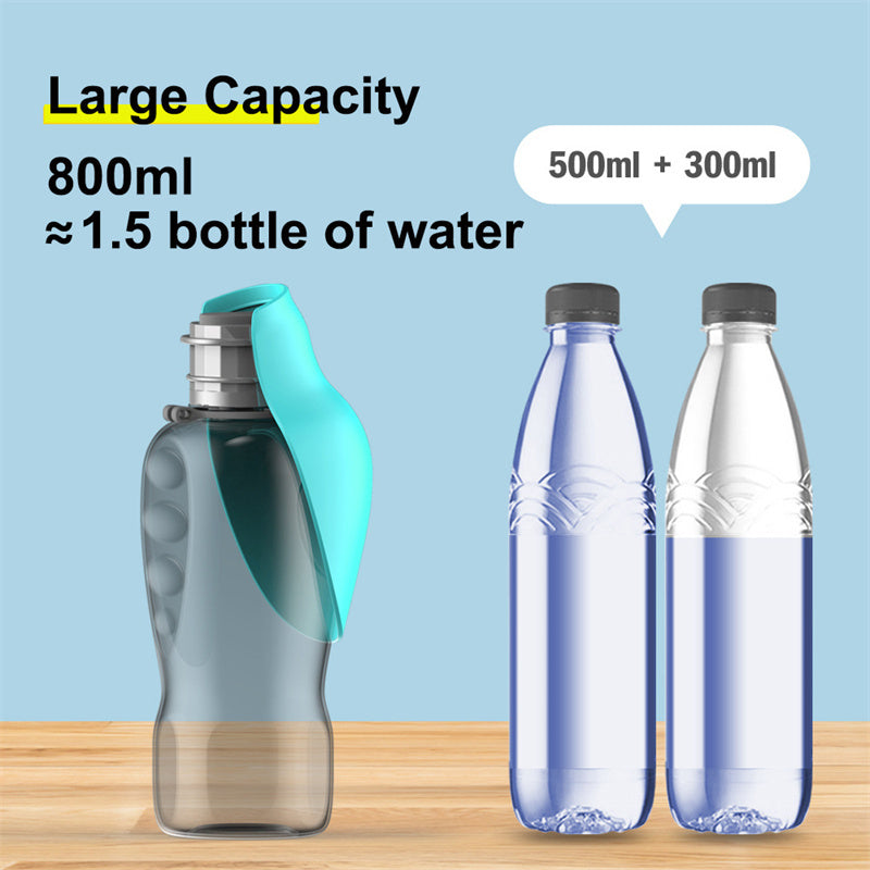 Gray portable dog water bottle with foldable drinking bowl and leakproof cap on wooden surface.