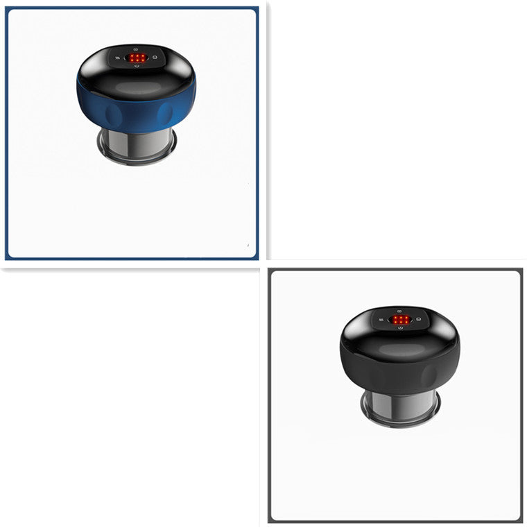 Electric vacuum cupping massage body cup with digital display and blue and black casing, USB charging port visible.
