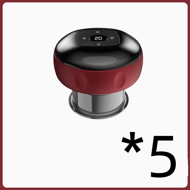 Set of five electric vacuum cupping massagers with red and black body and digital display on top.