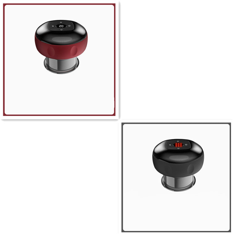 Compact black and red electric vacuum cupping massager with digital display and transparent base.