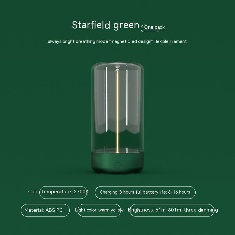 Portable green LED camping light with transparent cylindrical cover and minimalist filament design.