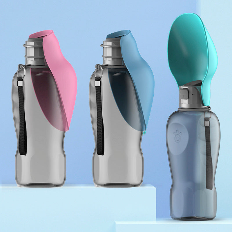 Portable 800ml dog water bottle with foldable silicone bowl in pink, blue, and teal colors.