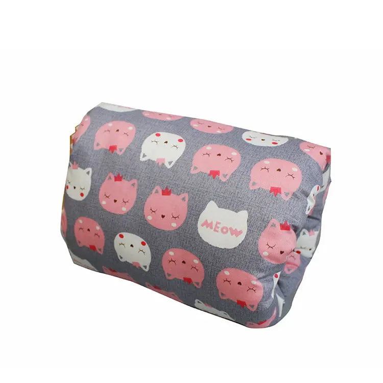 Soft gray cotton nursing arm pillow with pink and white cat faces and "Meow" text pattern.