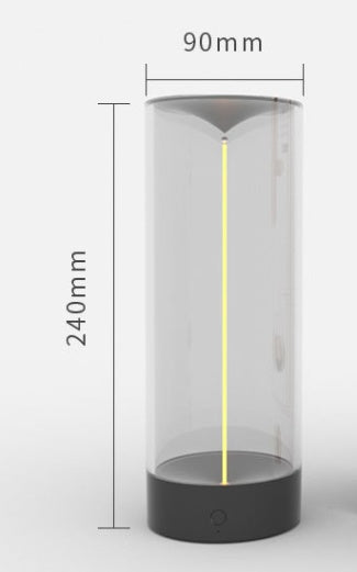 Tall cylindrical LED camping light with transparent upper body and dark grey base, measuring 240mm by 90mm.