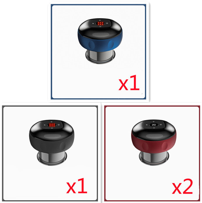 Electric vacuum cupping massage body cups in blue, black, and red with digital display and USB charging.