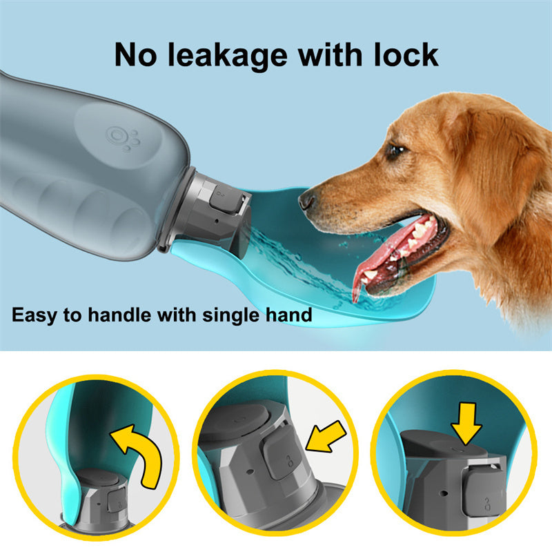 Blue foldable dog water bottle with leakproof lock and attached drinking bowl in use by golden retriever.
