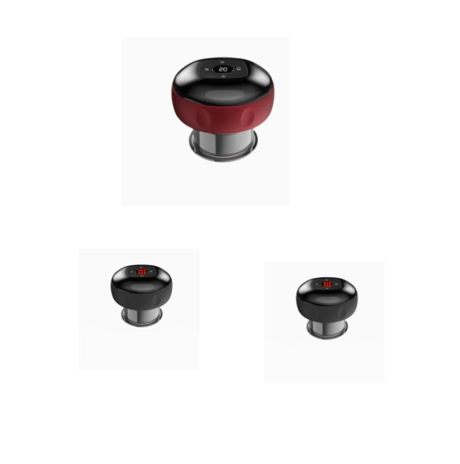Compact electric vacuum cupping massager with glossy black top and red body, transparent suction base.