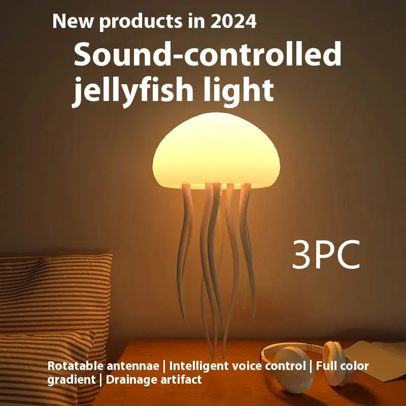 Soft glowing jellyfish LED lamp with flexible tentacles and dome-shaped top in warm light.