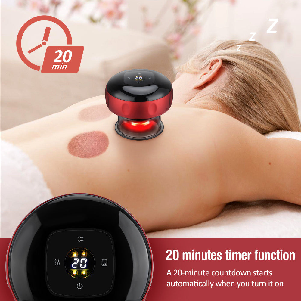 Red and black electric vacuum cupping massage device with digital timer on back skin>.