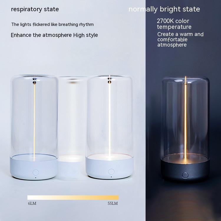 Set of three cylindrical portable LED camping lights with transparent covers and white bases, shown in bright and dimmed.
